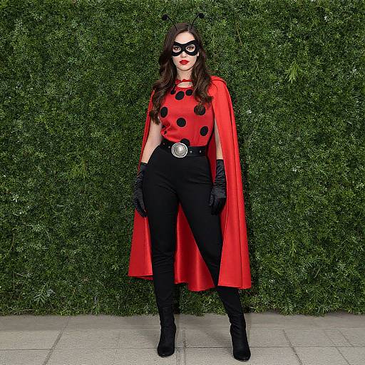 Photograph of a woman in a red polka dot top, black pants, red cape, black gloves, mask, and boots, standing against a