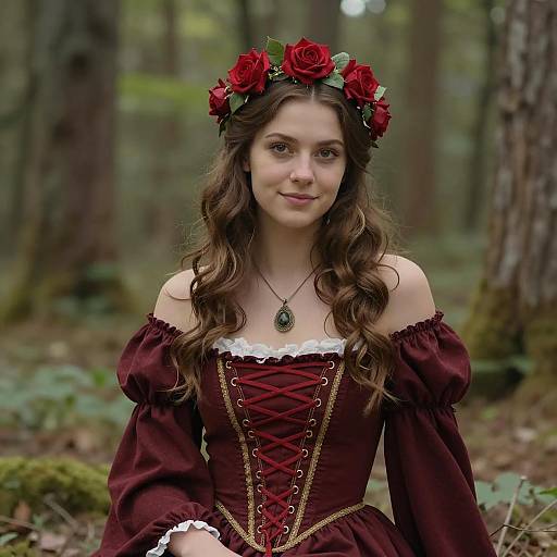 Young Woman in Medieval Maroon Dress with Rose Headband