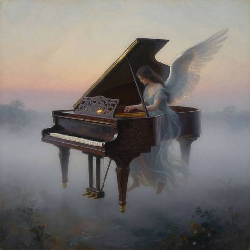 Dreamy painting of an angelic woman with wings playing a grand piano in a misty, twilight landscape. Ethereal, serene atmosphere.