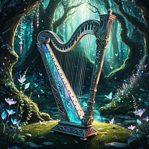 Crystal Adorned Magical Harp in Enchanted Forest Crystal Adorned Magical Harp in Enchanted Forest