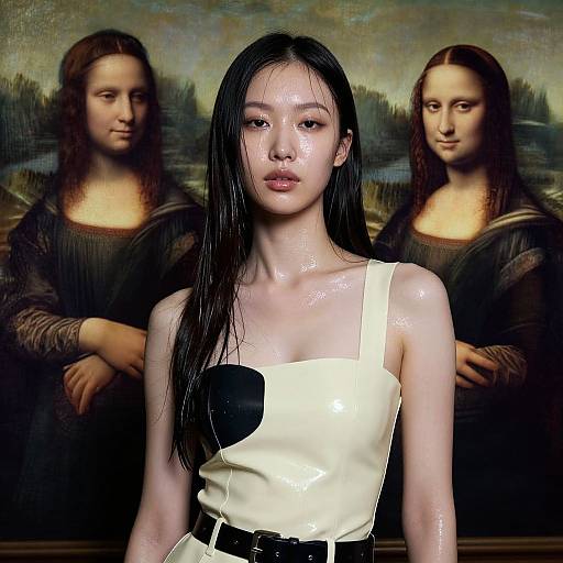 Photograph-style digital art: East Asian woman with glossy skin, wet black hair, white sleeveless top with black heart, Leonardo da Vinci's 