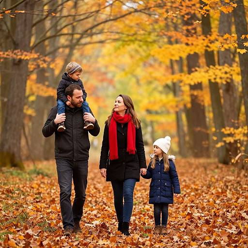 Photograph of a family walking through an autumn forest, father carrying son on his shoulders, mother with red scarf, daughter in white hat, golden-orange