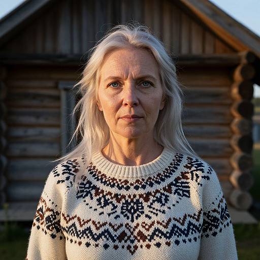Photograph of an older woman with long white hair, wearing a white Nordic-patterned sweater, standing in front of a wooden log cabin. Natural light