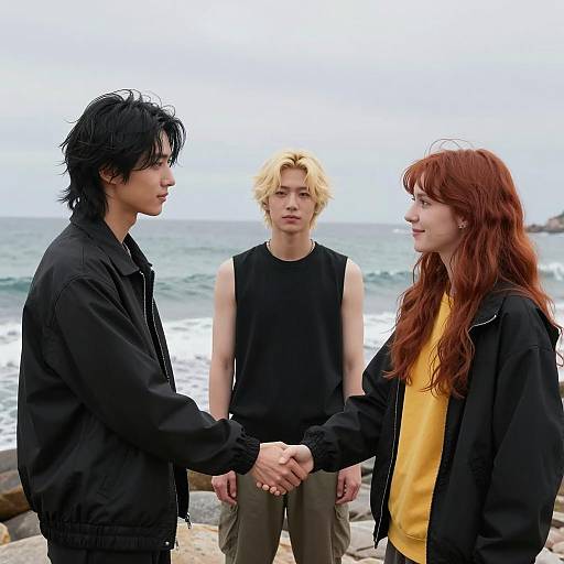 Beach Encounter: Three Friends Meeting