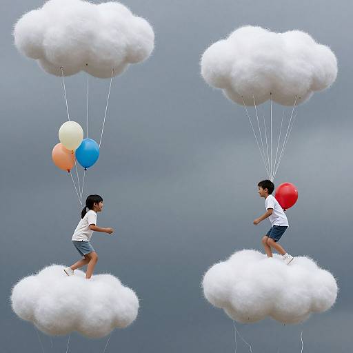 Photograph of two children, one with blue balloons, one with red, balancing on white, fluffy clouds against a gray sky.