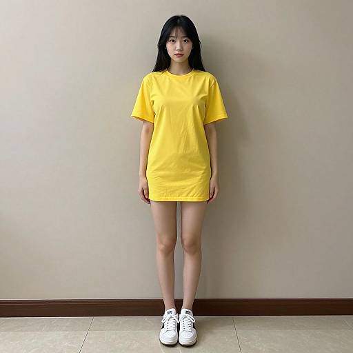 Photograph of an Asian woman with straight black hair, wearing a bright yellow T-shirt, white sneakers, standing against a beige wall.