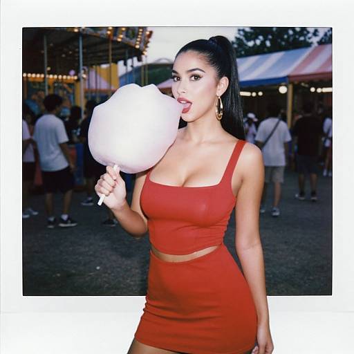 Photograph of a Latina woman with long black hair in a high ponytail, wearing a tight red dress and gold earrings, blowing pink cotton candy at