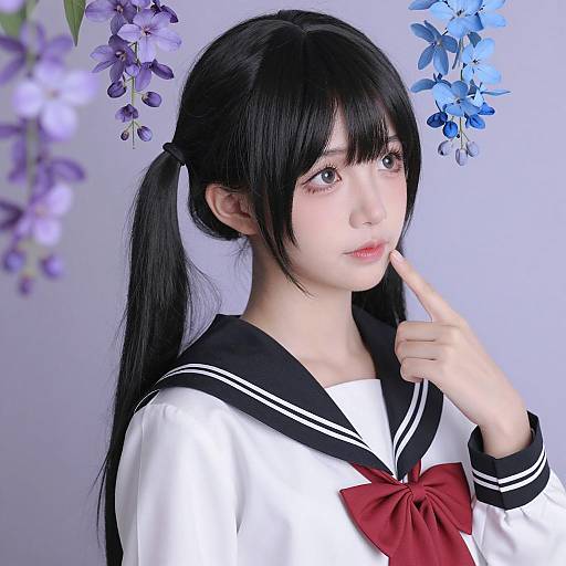 Young Woman in Sailor School Uniform with Flowers