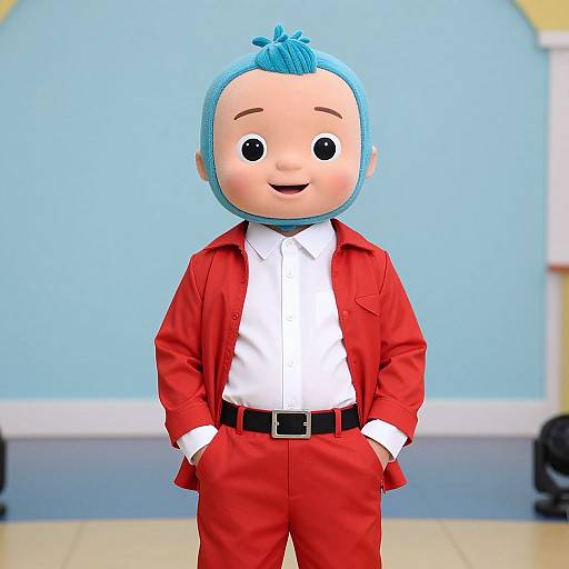 Photograph of a cartoonish, blue-haired child doll with a smiling face, wearing a red jacket and pants, white shirt, and black belt,