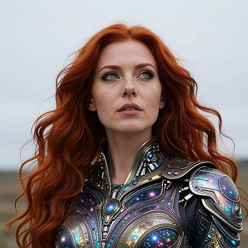 Photorealistic digital portrait of a red-haired woman with green eyes, wearing futuristic, metallic armor with glowing blue and purple accents, set against a cloudy