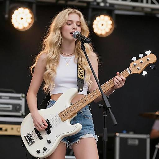 Young Woman Singing with Bass Guitar