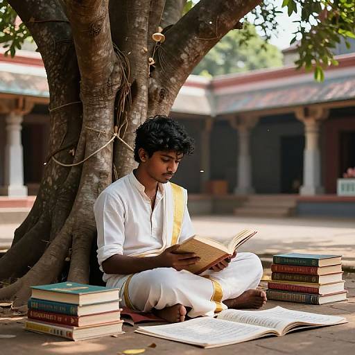 Tamil Scholar Reading Under Banyan Tree