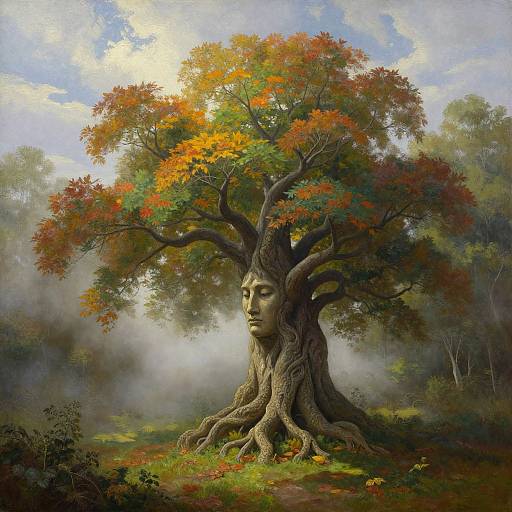Digital painting of a tree with a human face, surrounded by autumn leaves, in a misty forest, blending surrealism with realism.