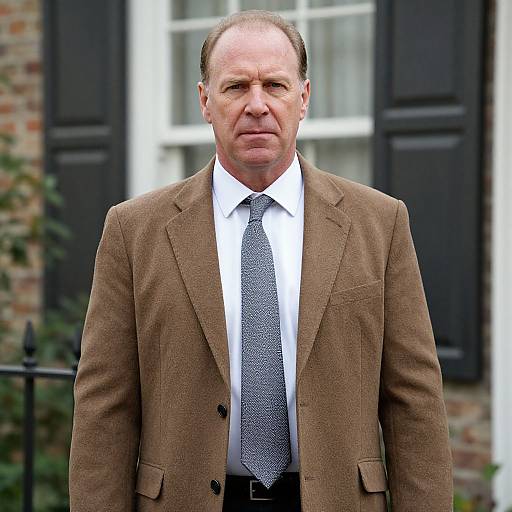 Photograph of an older man with receding hairline, wearing a brown tweed jacket, white shirt, black tie, standing in front of a