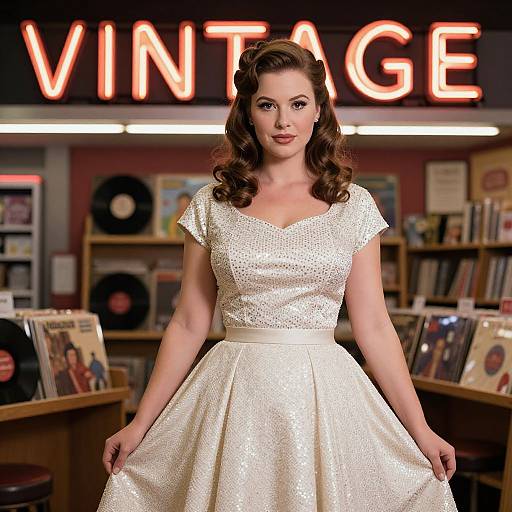 Photograph of a stylish woman with wavy brown hair, wearing a sparkling white vintage dress, standing in a vintage shop with neon 