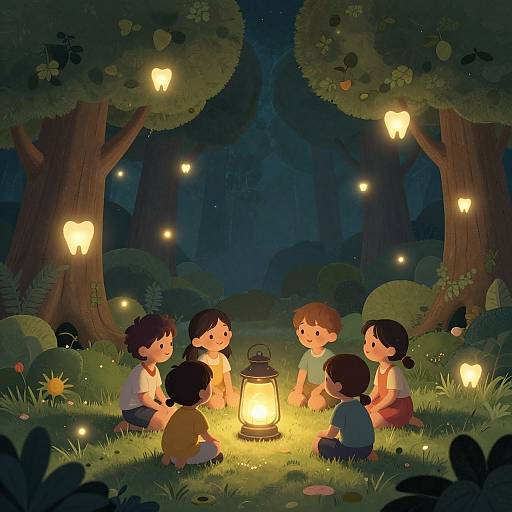 Children sit around a lantern in a dark, enchanted forest, surrounded by glowing butterflies and fireflies, under a starry night. Digital illustration.