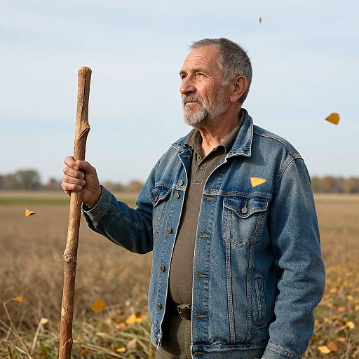 Photograph of an older white man with a gray beard, wearing a blue denim jacket, holding a wooden cane, standing in a fall field with yellow