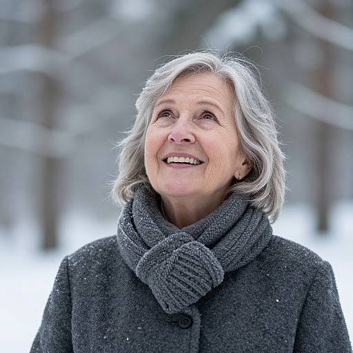 Photograph of an elderly woman with gray hair, smiling, wearing a dark gray knitted scarf and coat, standing in a snowy forest.