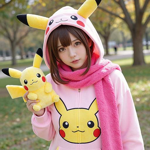 Young Asian girl in Pikachu-themed hoodie and pink scarf, holding a Pikachu plushie, in a sunlit park with autumn trees. Photograph.