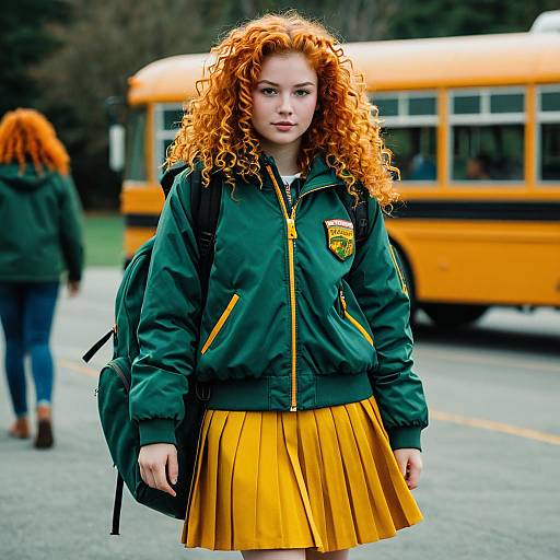 Teen Girl with Curly Orange Hair by School Bus
