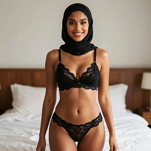 Photograph of a smiling, dark-skinned woman with a black hijab, wearing black lace lingerie, standing in a bright bedroom.