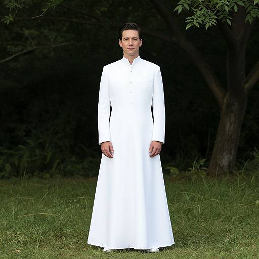 Photograph of a young man with short dark hair, wearing a long white traditional dress, standing on grass in a dark, leafy forest background.