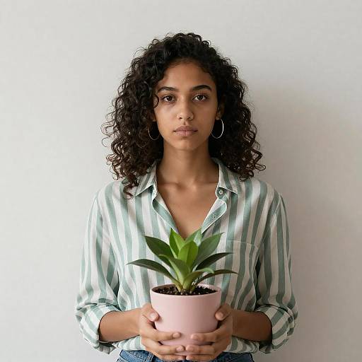 Serious Woman Holding Pink Potted Plant
