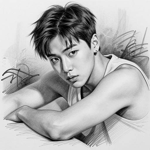 Monochromatic pencil sketch of a young Asian man with short, messy hair, wearing a sleeveless shirt, lying down with a contemplative expression.