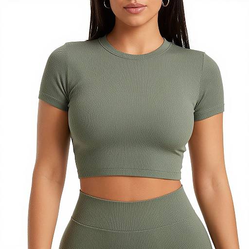 Photograph of a woman with long black hair, wearing a ribbed, olive-green crop top and matching high-waisted skirt, white background.