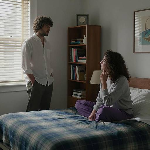 Intimate Scene in Dimly Lit Bedroom