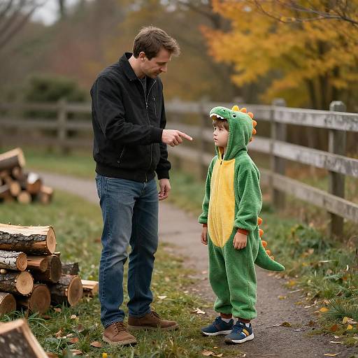 Man Pointing at Child in Dinosaur Costume Outdoors