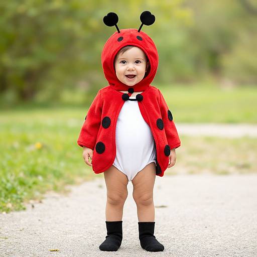 Photograph of a smiling baby in a red Ladybug costume with black spots, hood with antennae, white bodysuit, and black socks,
