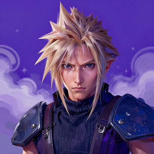 Digital art of spiky blonde-haired, blue-eyed male character with stern expression, wearing black armored shoulder pads, set against a purple and white cloudy background