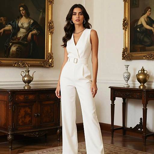 Photograph of a dark-haired woman in a white sleeveless V-neck jumpsuit, standing in an elegant room with classical paintings and wooden furniture.