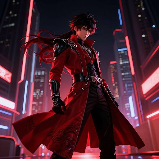 Cyberpunk anime-style drawing of a tall, handsome man with black hair in a red, long coat, standing confidently in a neon-lit city