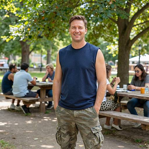 Photograph of a smiling, muscular man with short brown hair, wearing a sleeveless navy shirt and camouflage pants, standing in a sunny park with people
