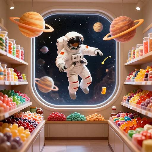 Photograph-style CGI: Astronaut in white spacesuit floats in colorful candy-filled room, with planets in window, resembling a whimsical candy store in