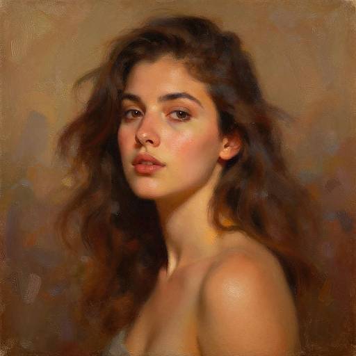 Realistic digital painting of a young woman with wavy brown hair, light skin, and brown eyes, set against a warm, textured brown background.