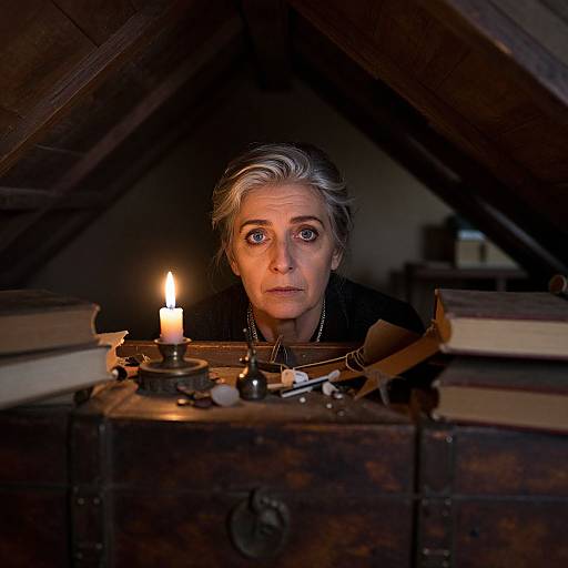 Photograph of a silver-haired woman with blue eyes, illuminated by a candle, peering from between stacked books and writing tools in a dark, wooden