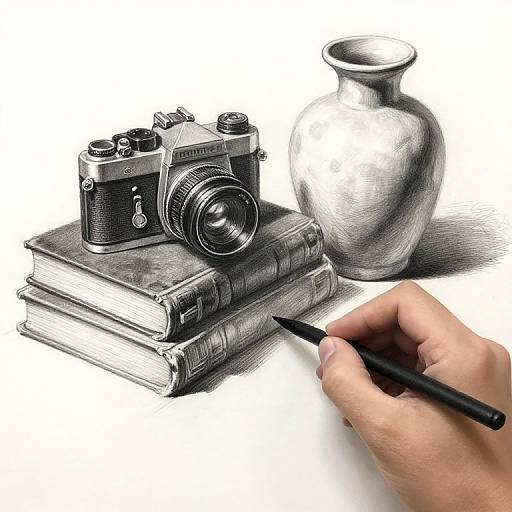Monochromatic sketch of a hand drawing a vintage camera on stacked books, with a vase and black pen in the background.