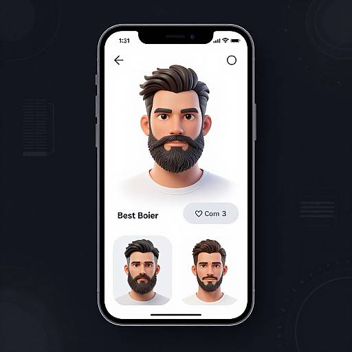 Photograph of a smartphone screen displaying a digital face editor with a bearded man's face, options 