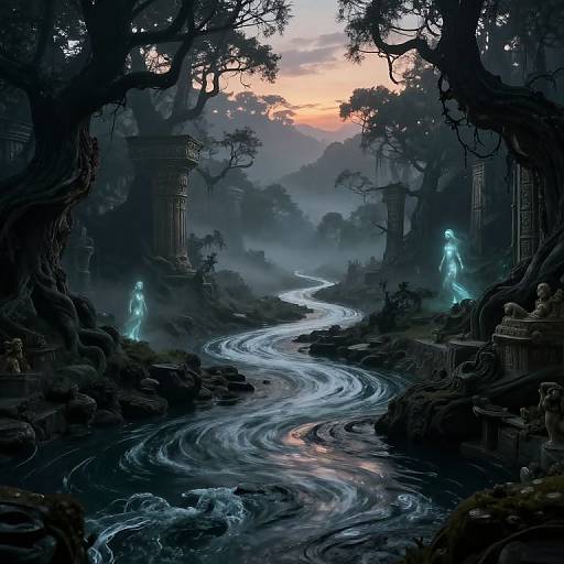 Fantasy digital art: Dark, misty forest with glowing blue ethereal figures by a winding, swirling river at twilight. Ancient stone pillars frame the
