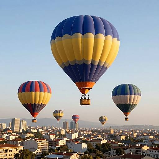 Photograph of colorful hot air balloons soaring over a cityscape with sunlit buildings, clear blue sky, and distant mountains.