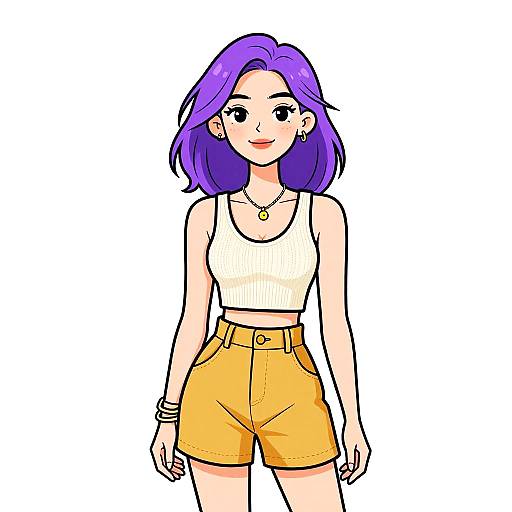 Digital anime-style drawing of a smiling woman with purple hair, wearing a white crop top, yellow high-waisted shorts, and gold jewelry.