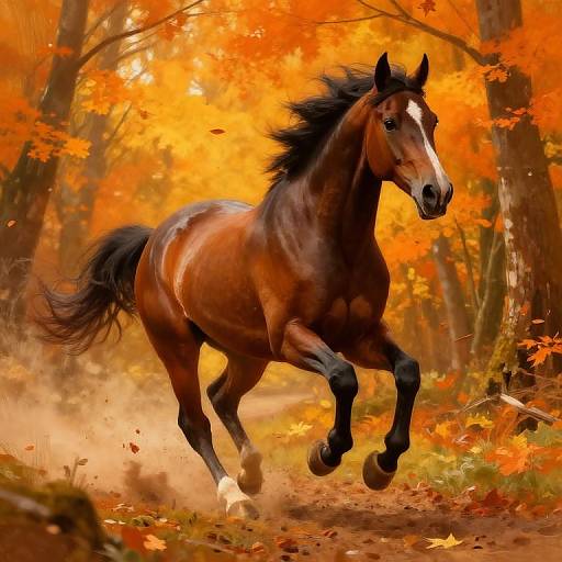 Galloping Thoroughbred in Autumn Forest