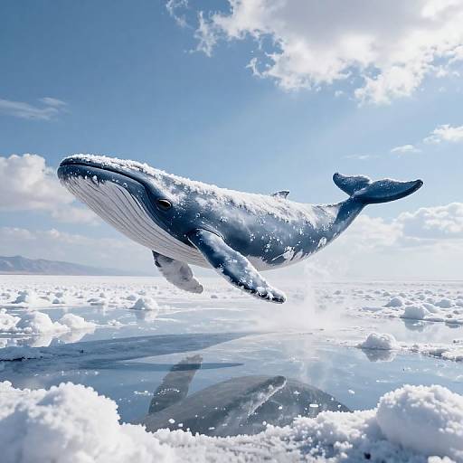 Photorealistic digital artwork of a massive blue and white humpback whale leaping out of a reflective, cloudy ocean under a bright blue sky.