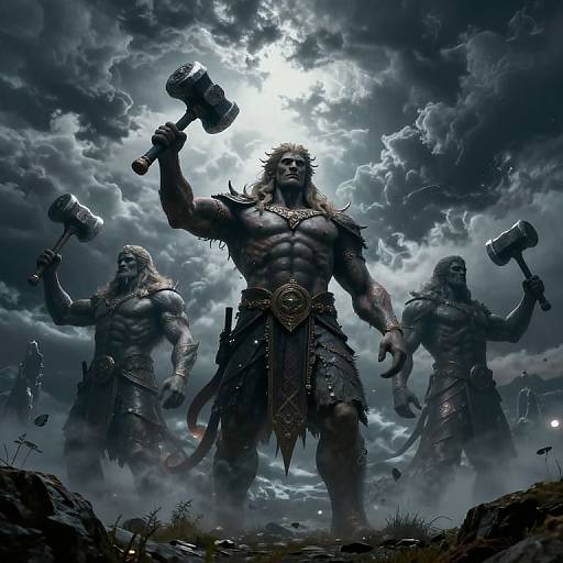 Digital artwork of three muscular, gray-skinned, horned warriors with abs, holding hammers, standing under a stormy, moonlit sky,