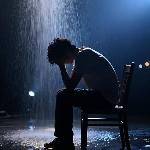 Silhouetted Figure Under Cascading Water Lights