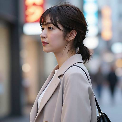 Photograph of an Asian woman with fair skin, dark hair in a ponytail, wearing a beige coat, standing on a bustling city street with blurred