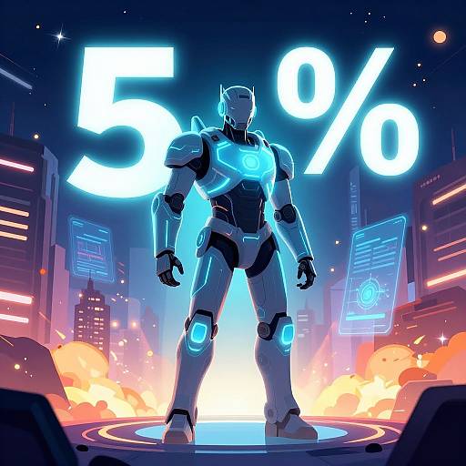 Digital art: Glowing blue robot stands on illuminated platform, surrounded by explosions, neon cityscape, and large 